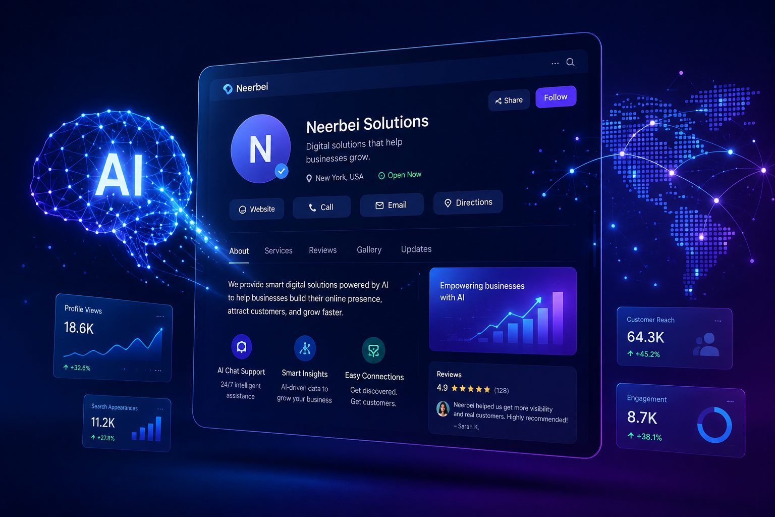 An abstract image showing a business profile on a screen with AI elements like neural networks and data points