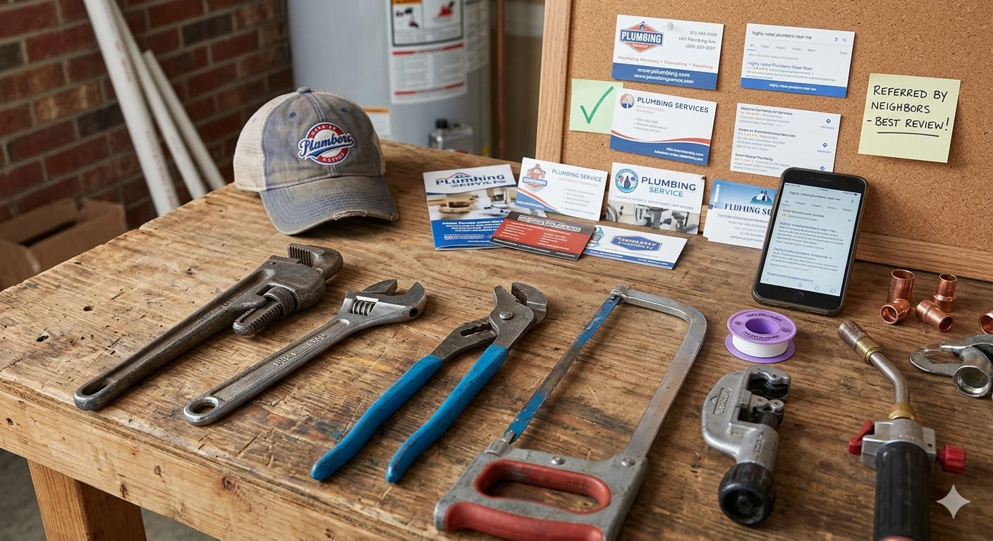 A plumber's tools laid out, symbolizing the process of choosing the best local plumber in your neighborhood